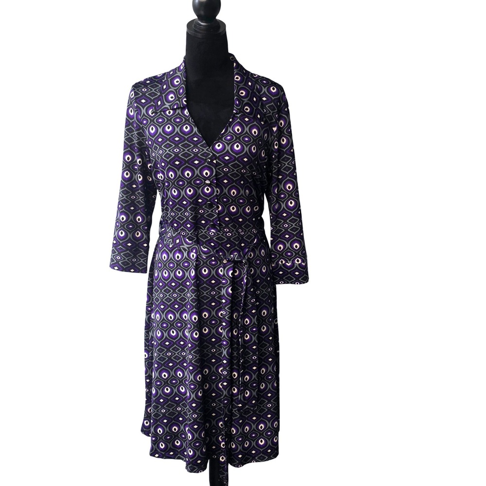 APNY Womens Purple Geometric Peacock Eye Print Button Front Midi Dress Size L